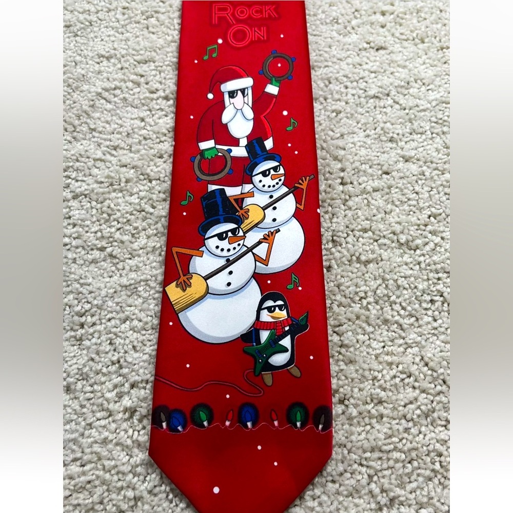 Christmas Tie ROCK ON Santa Snowman￼ Penguin Music Band Guitars glasses fun 60”